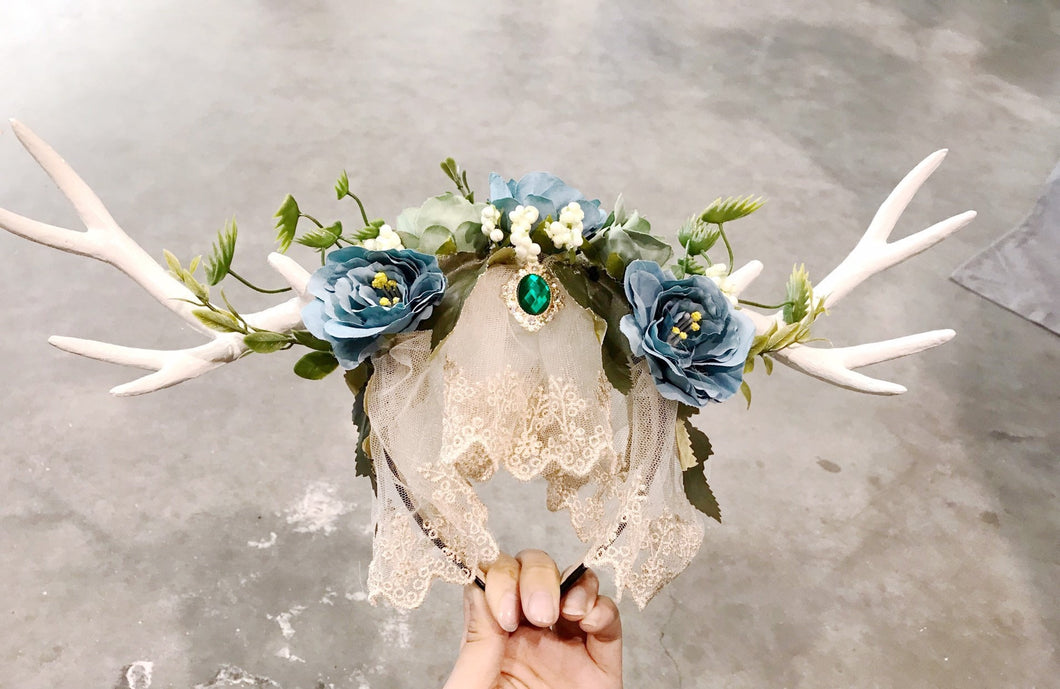 White Antlers Horn Gem Zircon Lace Daisy Flowers Rose Nymph Forest Horn Headdress Antlers Blue Green Vintage marriage