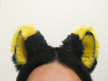 Load image into Gallery viewer, Big Cat ears Kitty Wolf Pikachu Headwear Yellow Stitching Black Furry Yellow inside Animal Headband Costume NALUMI