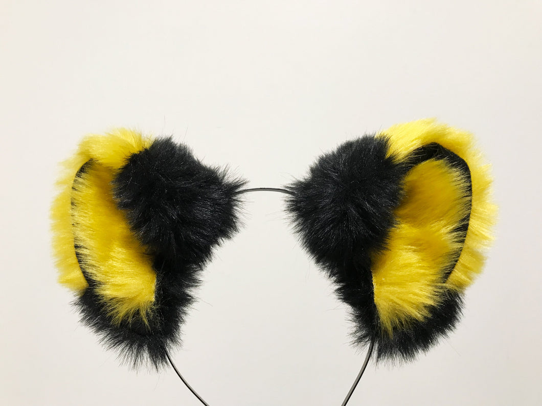 Big Cat ears Kitty Wolf Pikachu Headwear Yellow Stitching Black Furry Yellow inside Animal Headband Costume NALUMI