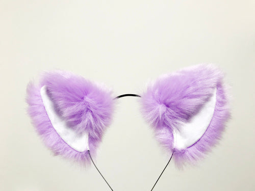 Big Cat ears Kitty Headwear Light Purple Furry White Inside Animal Headband Costume Bow Bells【NALUMI】