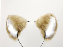 Load image into Gallery viewer, Big Cat ears Kitty Fox Headwear Tan Khaki Soft Furry White Fur inside Animal Headband Costume Bow Bells【NALUMI】