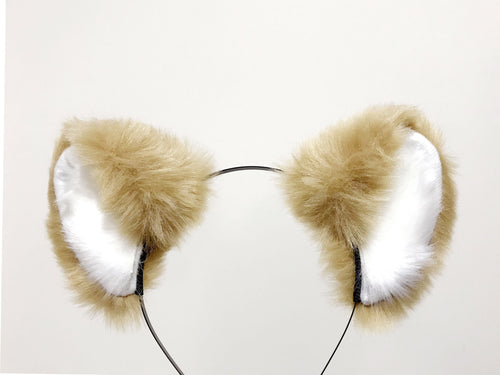 Big Cat ears Kitty Fox Headwear Tan Khaki Soft Furry White Fur inside Animal Headband Costume Bow Bells【NALUMI】