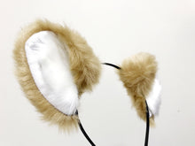 Load image into Gallery viewer, Big Cat ears Kitty Fox Headwear Tan Khaki Soft Furry White Fur inside Animal Headband Costume Bow Bells【NALUMI】