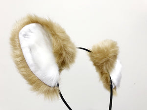 Big Cat ears Kitty Fox Headwear Tan Khaki Soft Furry White Fur inside Animal Headband Costume Bow Bells【NALUMI】