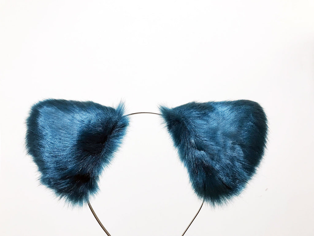 Cat ears Kitty Wolf Headwear Soft Bright Glossy Dark Blue Furry Black inside Animal Headband Costume【NALUMI】