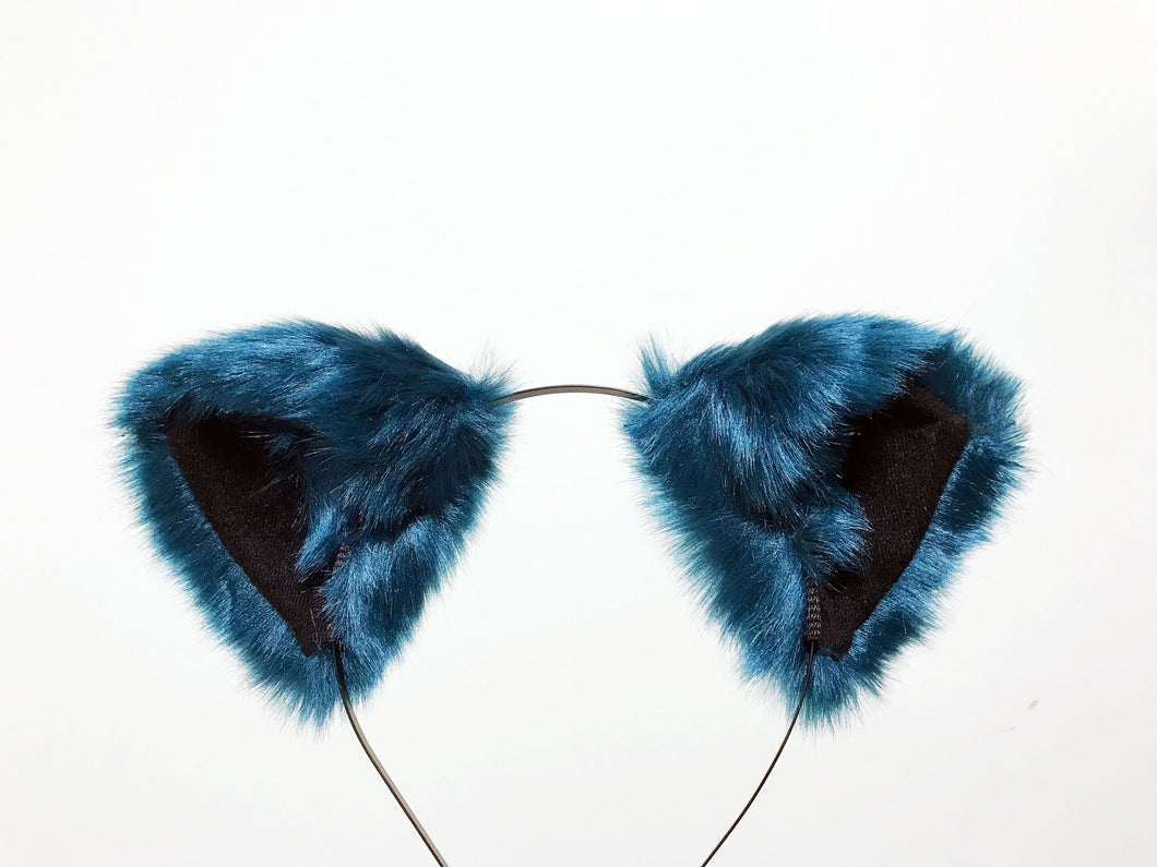 Cat ears Kitty Wolf Headwear Soft Bright Glossy Dark Blue Furry Black inside Animal Headband Costume【NALUMI】