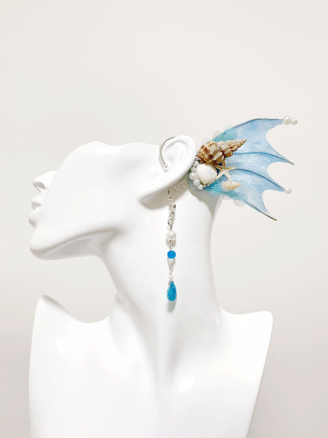 Blue Mermaid Earring Sea Shell Fairy Ears Elven Ears Earcuffs cosplay fantasy decoration Nature Fish Fin photography【NALUMI】