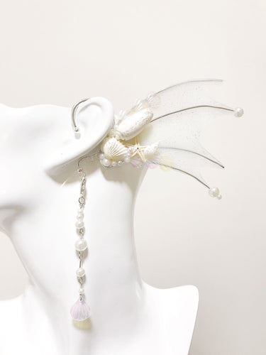Silver White Mermaid Earring Sea Shell Fairy Ears Elven Ears Earcuffs cosplay fantasy decoration Nature Fish Fin photography【NALUMI】