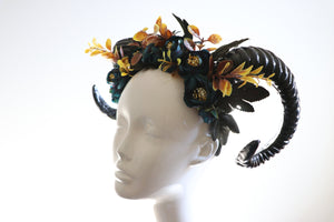 GOAT HORNS HEADDRESS - Flower Head Piece - Ram Horns Headpiece - Unique Head Piece - Forest Headdress - Head Piece Festival