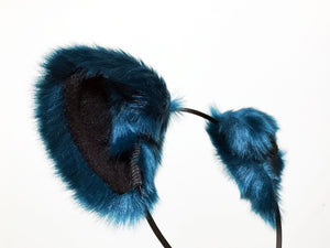 Cat ears Kitty Wolf Headwear Soft Bright Glossy Dark Blue Furry Black inside Animal Headband Costume【NALUMI】