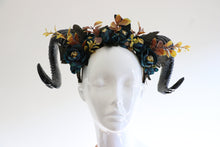 Load image into Gallery viewer, GOAT HORNS HEADDRESS - Flower Head Piece - Ram Horns Headpiece - Unique Head Piece - Forest Headdress - Head Piece Festival