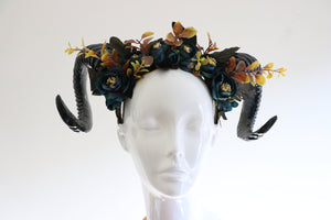 GOAT HORNS HEADDRESS - Flower Head Piece - Ram Horns Headpiece - Unique Head Piece - Forest Headdress - Head Piece Festival