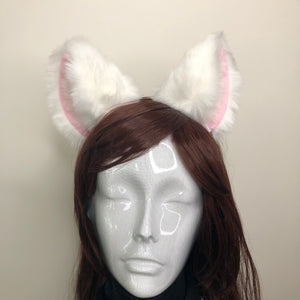 Cat ears Kitty Headwear White Furry Pink White Fur inside Animal Headband Costume Bow Bells