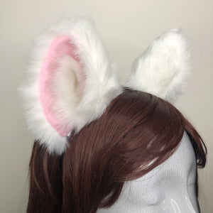 Cat ears Kitty Headwear White Furry Pink White Fur inside Animal Headband Costume Bow Bells