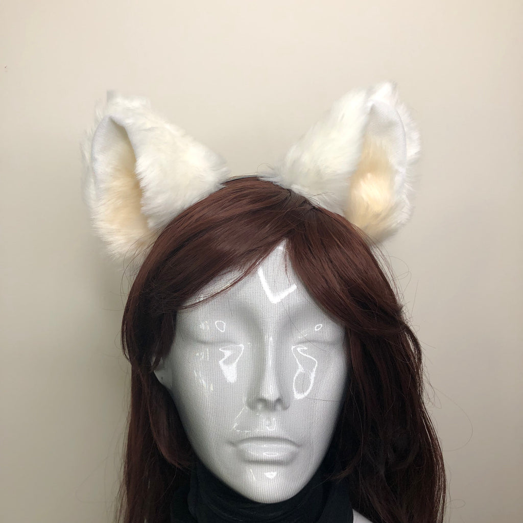 Big Cat ears Kitty Headwear White Furry Beige Fur inside Animal Headband Costume Bow Bells