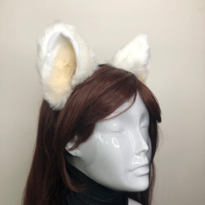 Big Cat ears Kitty Headwear White Furry Beige Fur inside Animal Headband Costume Bow Bells