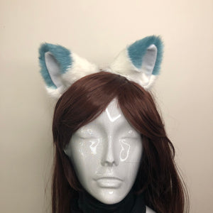 Big Cat ears Kitty Headwear White Furry Indigo on Top White Fur inside Animal Headband Costume