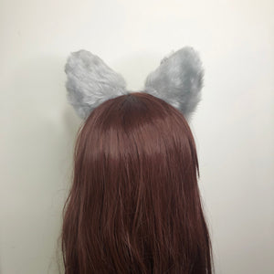 Big Cat ears Kitty Fox Headwear Gray Soft Furry Thick Grey Fur inside Animal Headband Costume Bow Bells【NALUMI】