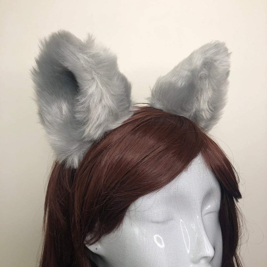 Big Cat ears Kitty Fox Headwear Gray Soft Furry Thick Grey Fur inside Animal Headband Costume Bow Bells【NALUMI】