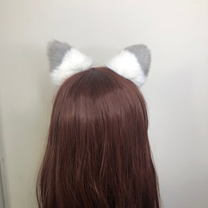 Big Cat ears Kitty Fox Headwear White Furry Gray Top Soft White Fur inside Animal Headband Costume