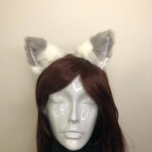 Load image into Gallery viewer, Big Cat ears Kitty Fox Headwear White Furry Gray Top Soft White Fur inside Animal Headband Costume