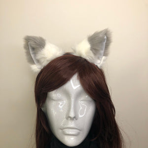 Big Cat ears Kitty Fox Headwear White Furry Gray Top Soft White Fur inside Animal Headband Costume