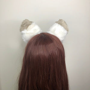 Big Cat ears Kitty Fox Headwear White Furry Light Brown Top Pink and Soft White Fur inside Animal Headband Costume