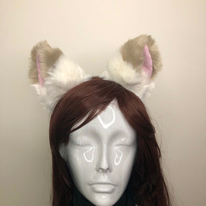 Big Cat ears Kitty Fox Headwear White Furry Light Brown Top Pink and Soft White Fur inside Animal Headband Costume