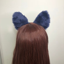 Load image into Gallery viewer, Big Cat ears Kitty Fox Headwear Dark Blue Furry Pink Soft White Fur inside Animal Headband Costume