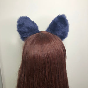 Big Cat ears Kitty Fox Headwear Dark Blue Furry Pink Soft White Fur inside Animal Headband Costume