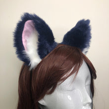 Load image into Gallery viewer, Big Cat ears Kitty Fox Headwear Dark Blue Furry Pink Soft White Fur inside Animal Headband Costume