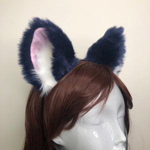 Big Cat ears Kitty Fox Headwear Dark Blue Furry Pink Soft White Fur inside Animal Headband Costume