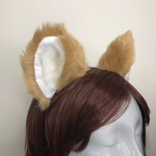 Load image into Gallery viewer, Big Cat ears Kitty Fox Headwear Light Brown Soft Furry White Soft Fur inside Animal Headband Costume