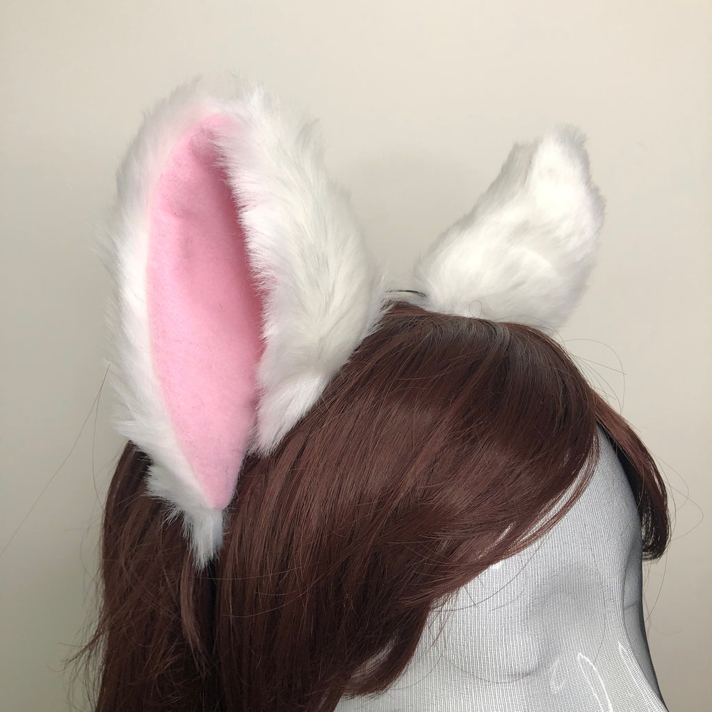 Big Cat ears Kitty Headwear White Furry Pink Soft Thick White Fur inside Animal Headband Costume