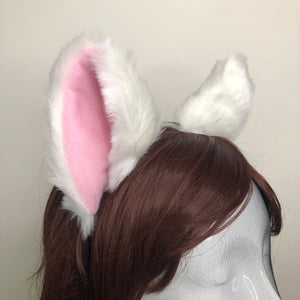 Big Cat ears Kitty Headwear White Furry Pink Soft Thick White Fur inside Animal Headband Costume