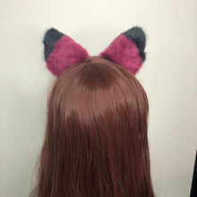 Load image into Gallery viewer, Cat ears Kitty Headwear Berry Wine Red Wine Black Top Black Inside Furry Animal Headband Costume Bow Bells