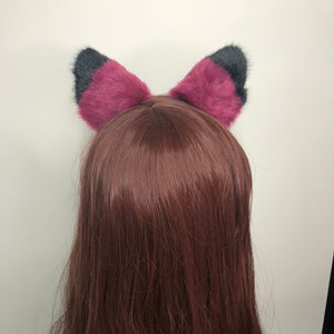 Cat ears Kitty Headwear Berry Wine Red Wine Black Top Black Inside Furry Animal Headband Costume Bow Bells