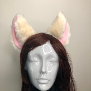 Big Cat Fox ears Kitty Cosplay Headwear Beige Furry Pink inside Animal Headband Costume