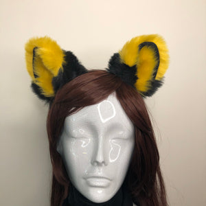 Big Cat Fox Ears Kitty Cosplay Headwear Bright Yellow Black Furry Soft Thick Fur Inside Animal Headband Costume