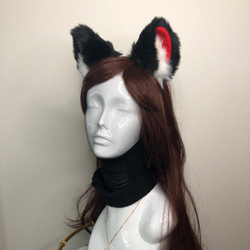 Big Cat Fox ears Kitty Cosplay Headwear Black Red Furry Soft Thick White Fur Inside Animal Headband Costume