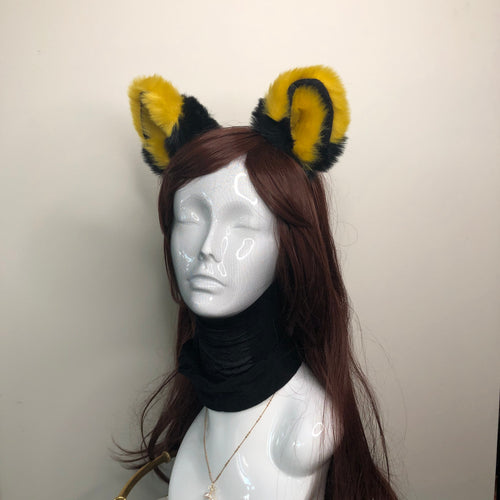 Big Cat Fox Ears Kitty Cosplay Headwear Bright Yellow Black Furry Soft Thick Fur Inside Animal Headband Costume