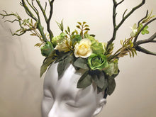 Load image into Gallery viewer, Black Branch Horn Demon Nymph Horn Headdress Antlers green flowers