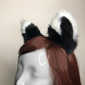 Big Cat Ears Kitty Cosplay Headwear Black White Furry Black Fur Inside Animal Headband Costume