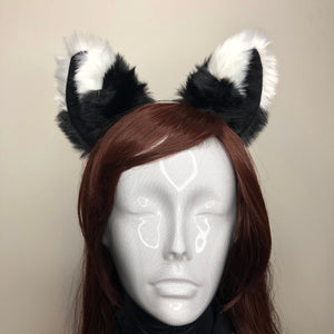 Big Cat Ears Kitty Cosplay Headwear Black White Furry Black Fur Inside Animal Headband Costume