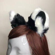 Load image into Gallery viewer, Big Cat Ears Kitty Cosplay Headwear Black White Furry White Fur Inside Animal Headband Costume