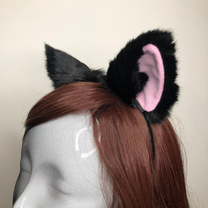 Cat Ears Kitty Cosplay Headwear Black Furry Pink Inside Animal Headband Costume