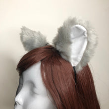 Load image into Gallery viewer, Big Cat ears Kitty Cosplay Headwear Light Gray Furry White Inside Animal Headband Costume