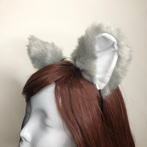 Big Cat ears Kitty Cosplay Headwear Light Gray Furry White Inside Animal Headband Costume