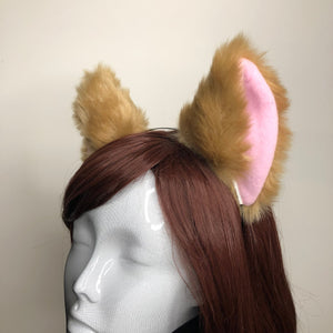 Big Cat ears Kitty Cosplay Headwear Light Brown Furry Pink Inside Animal Headband Costume