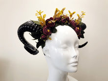 Load image into Gallery viewer, Black Horns Ram Flowers Nymph Forest Goat Headdress Sheep Red Yellow